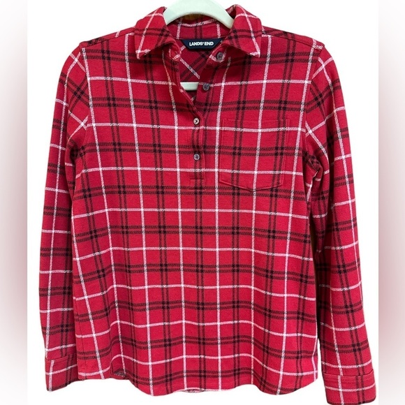 Lands End Plaid Cotton Blend 1/4 Button Down Long-sleeved Top Small (6-8) - Picture 5 of 12